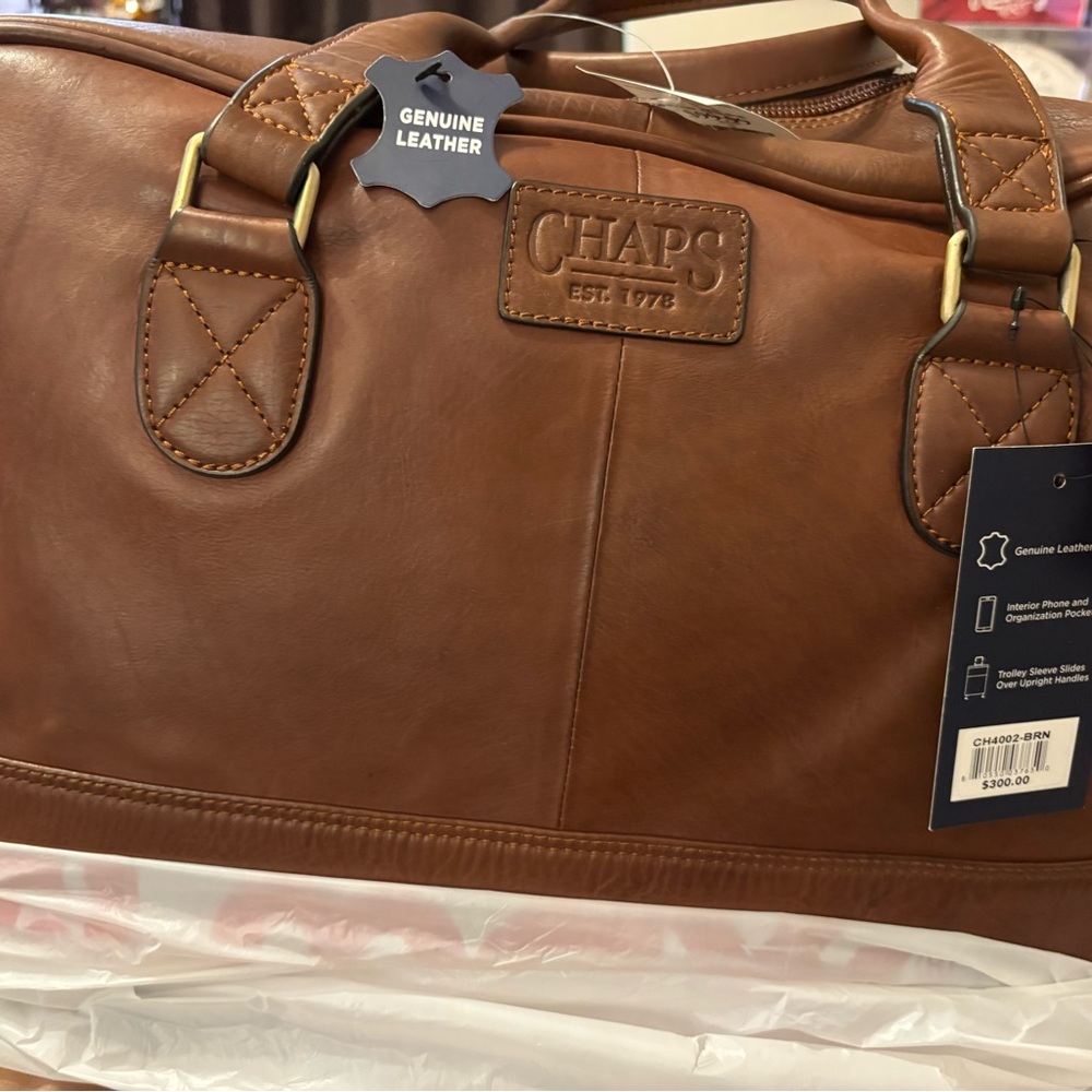 Chaps Brown Leather Duffel Bag with Gold-Tone Hardware